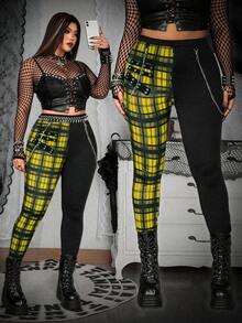 Whyspr Plus Size Punk Plaid Patchwork Eyelet Elastic Waist Leggings, Spring/Summer - Multicolor - View 1