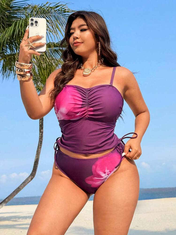 SHEIN Swim Vcay Bộ bikini 2 mảnh cỡ lớn mùa xuân/hè 2026 mới, họa tiết hoa tím, áo quây có dây đeo rời và quần tam giác, thích hợp cho đi biển, hẹn hò, lễ hội âm nhạc, tiệc bãi biển. - Nhiều màu - Xem 3