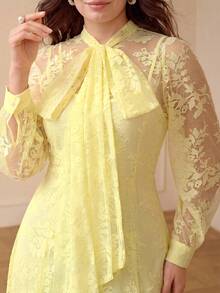 ZEYLAH Elegant Romantic Bow Tie A-Line Loose Long Dress, Spring/Summer - Light Yellow - View 2