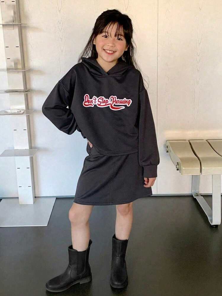 2pcs Girls' Knitted Letter Print Hoodie Sweatshirt + Skirt Spring Set, Plus Size Kid Outfit