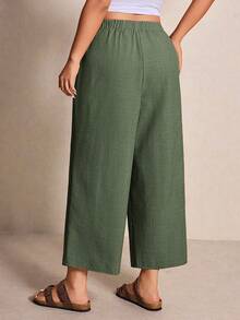 Elaquor Plus Size Women Solid Color Drawstring Waist Casual Pants - Army Green - View 3