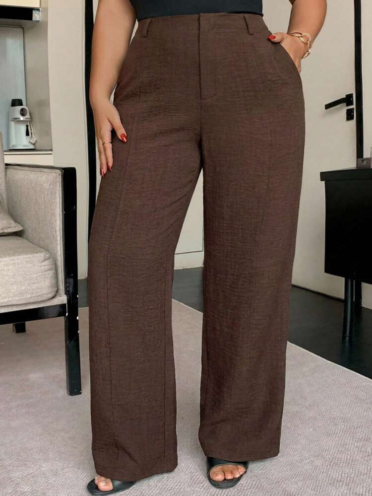 Dazy Plus Plus Size Women Solid Color Casual Split Line Slimming Commuter Spring/Summer Long Pants, Brown