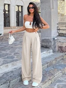 Pantalones anchos de lino para mujeres - Albaricoque - Ver 6
