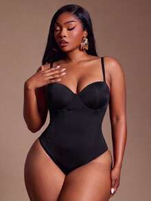 Radiana Plus Size Women's Solid Color Sleeveless Bodysuit - Black - View 3