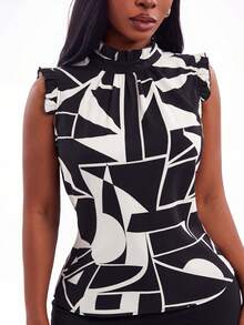 Radiana Plus Size Women's Spring And Summer Sexy Black And White Printed Fabric Ruffled Neckline And Cuffs Decorated Sleeveless Shirt, Suitable For Early Spring, Spring And Summer, Rainforest, Beach Party, Seaside Vacation, Bonfire Party, Cool And Light, Slim Fit, Comfortable To Wear, Easy To Match&Looks Slim, Accent Your Body, Flatter The Figure - Black and White - View 7