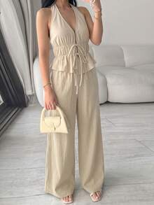 Modelyn Apricot Women's 2-Piece Set,Summer Casual Vacation Holiday Halter Neck Deep V-Cut Shirred Crop Top & Drawstring Peplum Wide Leg Pants,Cotton Outfits - Apricot - View 10
