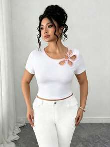 SHEIN Elenzya Áo thun ngắn tay cổ tròn khoét rỗng dành cho nữ cỡ lớn, kiểu dáng thường ngày, đa năng. - trắng - Xem 7
