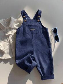 SHEIN Baby Boy Casual Cute Versatile Striped Cartoon Bear Pattern Bib Jumpsuit - Navy Blue - View 5
