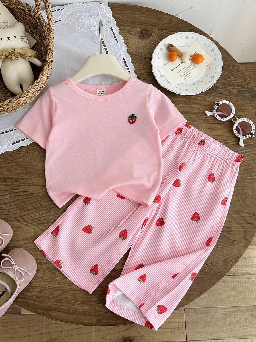 SHEIN Vintaside Kids 女嬰夏季T恤套裝 可愛粉色草莓圓領短袖上衣搭配條紋寬腿褲 親子款俏皮穿搭