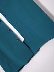 Genlund 男士紋理休閒純色單排扣短袖襯衫與抽繩腰口袋短褲兩件套，度假風 - 寶藍色 - 查看 7