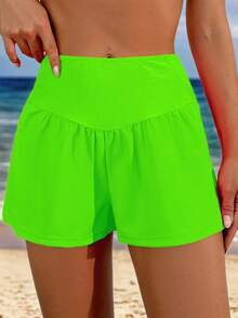 Swim Lushoire Women's Neon Green Pocket Casual Beach Shorts - Green - View 3