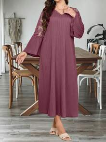 Modelyn Đầm dài tay dáng rộng, màu trơn, phối ren, cổ chữ V, viền bèo nhún, thích hợp cho mùa xuân/hè, cỡ lớn. - Gỗ đỏ - Xem 4