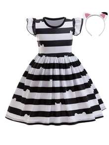 MINKOJA Sommer Mädchen Katzenohren Streifen Kostüme für Kinder Halloween Karneval Cosplay Kleid mit Haarband Outfit Kinder Fancy Geburtstags Party Verkleidung 4-8 Jahre - Schwarz - Übersicht 2