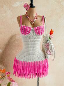 Soleia Vestido mini ajustado con tirantes de espagueti, bajo con flecos y con forma de concha, bohemio, apropiado para vacaciones y citas de San Valentín en primavera/verano - Multicolor - Ver 3