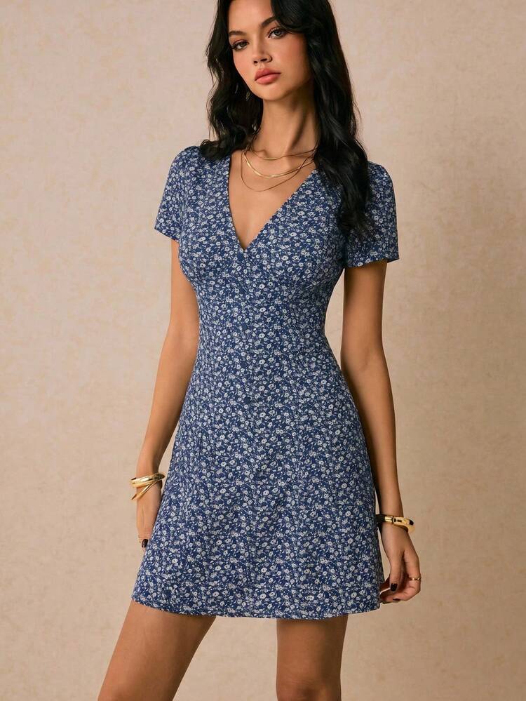 Poéselle 女士休闲碎花V领短袖迷你连衣裙，夏季 - 藏蓝色 - 查看 8
