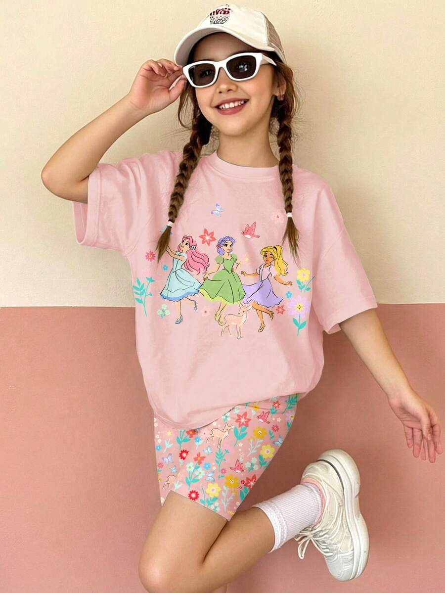 少女浅蜜桃色,春意盎然,甜美可爱,波西米亚风印花,少女休闲柔软宽松圆领短袖T恤搭配紧身骑行短裤,适合春夏日常、度假、休闲,充满春日气息,夏日氛围,春夏穿搭,舒适百搭,时尚少女套装,休闲装,公主风,花朵图案T恤套装,春夏套装,新款,清凉舒适,春日氛围,夏日清凉 - 白色 - 查看 1