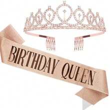 Set de 2 piezas Faja de Reina de Oro Rosa y Dorado y Plateado & Tiara con Rhinestones - Conjunto de Faja Brillante y Tiara Brillante para Niñas de Cumpleaños - Multicolor - Ver 6