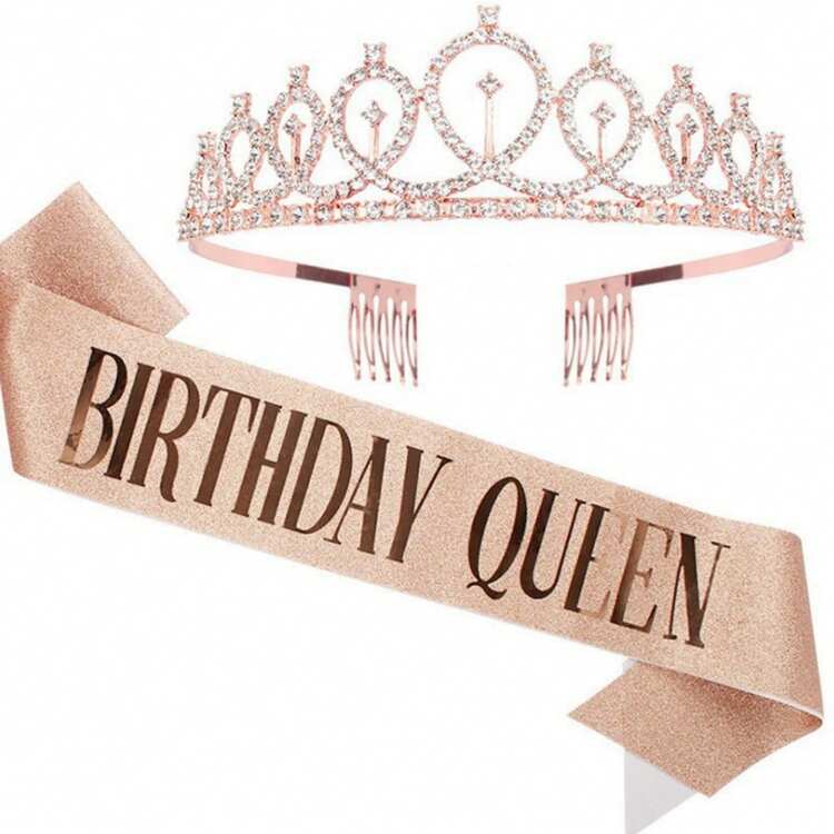 2pcs/Set Rose Gold &Gold &Silvery Birthday Queen Sash & Rhinestone Tiara - Glitter Sash & Sparkling Tiara Set For Birthday Girls - Multicolor - View 6