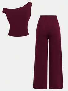 SHEIN Bộ áo thun và quần dài phối hợp họa tiết hoa hồng cho bé gái tuổi teen, màu trơn, màu đỏ tía, đỏ Angola. - Màu Đỏ Sâu - Xem 6