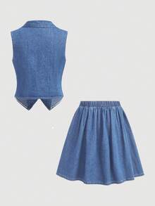 SHEIN 少女翻领双排扣牛仔背心和牛仔迷你裙休闲套装 - 淺色水洗藍 - 查看 2