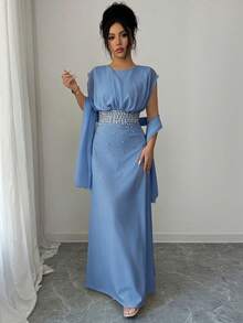 SHEIN Elenzya 无袖收腰修身拼接优雅浪漫女士连衣裙，饰以珍珠和水钻，适合派对、婚礼等场合。 - 霧霾藍 - 查看 4