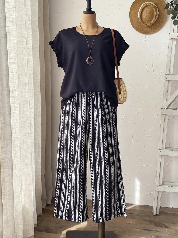 Plus Size Women's Shoulder Petal Sleeve Shirt With Ruffle Hem And Elastic Waist Pants Set, Black, Bohemian Casual Suitable For Spring And Summer Summer Summer Outfit For Women Festival Outfits For Women Beach Outfits For Women Vacation Outfits Women Holiday Outfits  For Women Country Concert Outfit  Casual Sets For Women