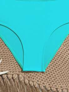 SHEIN Bộ bikini cho bé gái tuổi teen, đồ bơi hai mảnh màu xanh lá cây bằng vải dệt kim, kiểu tam giác, cổ yếm, thời trang thường ngày, thanh lịch cho bãi biển, hồ bơi, kỳ nghỉ hè, lễ hội. - Màu xanh Bạc hà - Xem 5