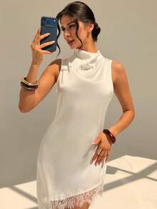 女士优雅缎面蕾丝拼接无袖白色迷你连衣裙，适合日常、婚礼宾客、节日派对、约会、度假、休闲等场合。 - 白色 - 查看 4