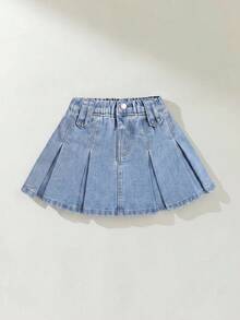 SHEIN Váy denim xếp li thường ngày của cô gái trẻ, mùa hè - Rửa nhẹ - Xem 2