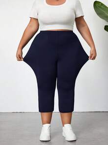 SHEIN CURVE+ 女款大尺碼開衩 7/8 長度緊身內搭褲，休閒彈性腰高彈力緊身褲，海軍藍，夏季，哥德風，健身房，日常畢業 - 藏蓝色 - 查看 6