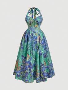 SHEIN MOD 大码女式油画蓝色印花露背无袖中长连衣裙 - 彩色 - 查看 3