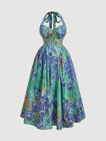 SHEIN MOD 大码女式油画蓝色印花露背无袖中长连衣裙