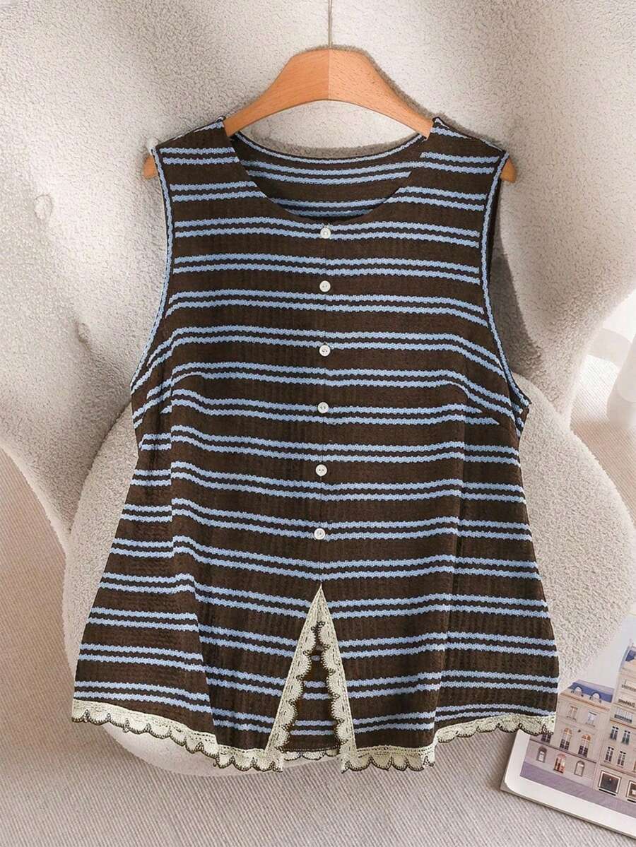 CosyJoli Áo hai dây và áo tank top cỡ lớn, áo kiểu không tay thường ngày cho nữ, áo tank top rộng kẻ sọc, áo vest viền ren, trang phục thường ngày cho nữ. - Nhiều màu - Xem 1