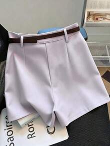 Franclia Celana Pendek Kasual untuk Komuter, Serbaguna, Pinggang Sedang-Tinggi, Dilengkapi Sabuk, Warna Polos Baru untuk Wanita, Cocok untuk Brunch, Warna Lavender - Purple - View 2