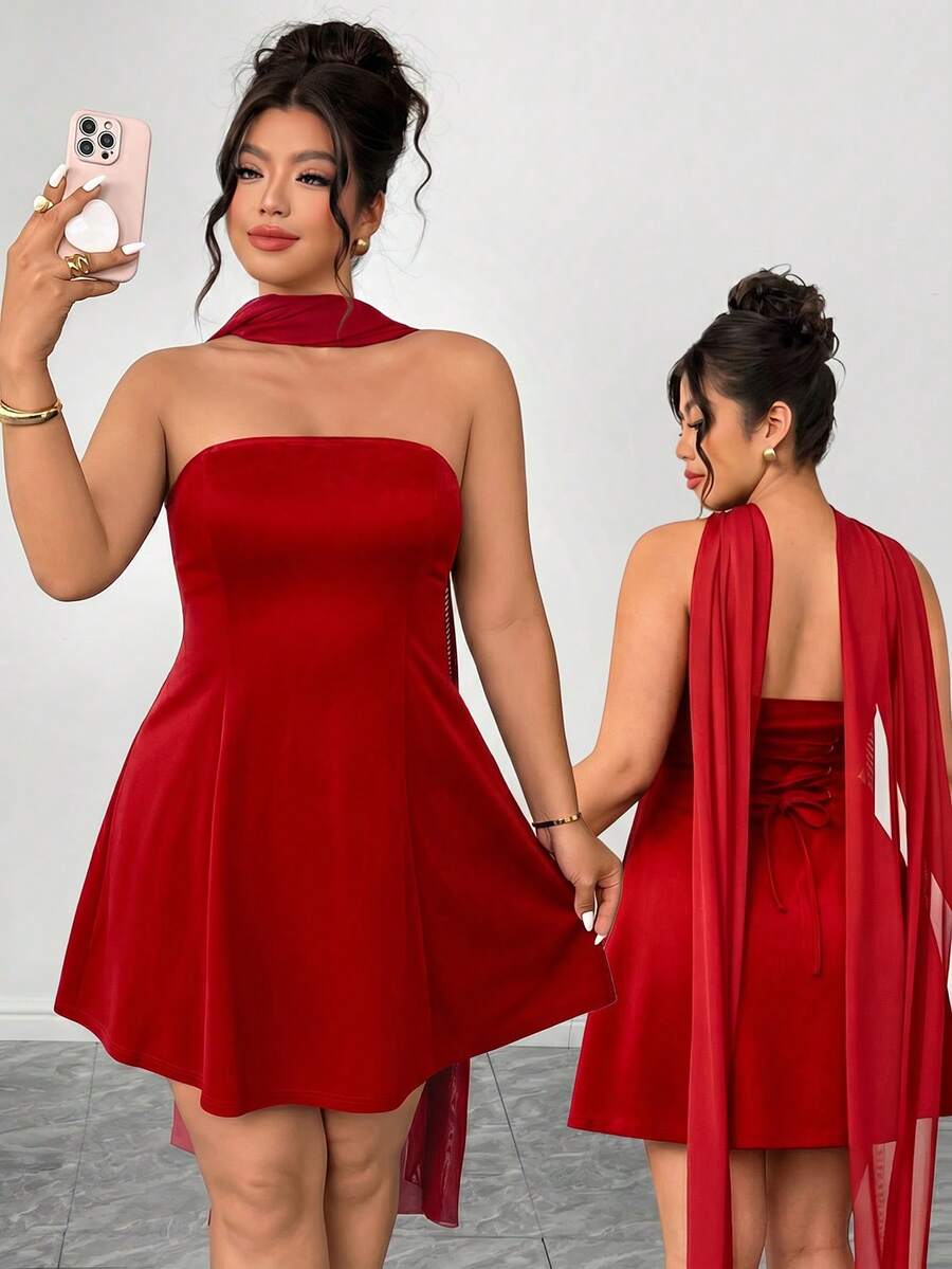 Elenzga Đầm mini dáng chữ A không dây vai dành cho nữ cỡ lớn, màu đen, thanh lịch, thích hợp cho tiệc cocktail, ăn trưa, đi làm, váy đen nhỏ thời trang, kèm khăn lưới. - Đỏ - Xem 1