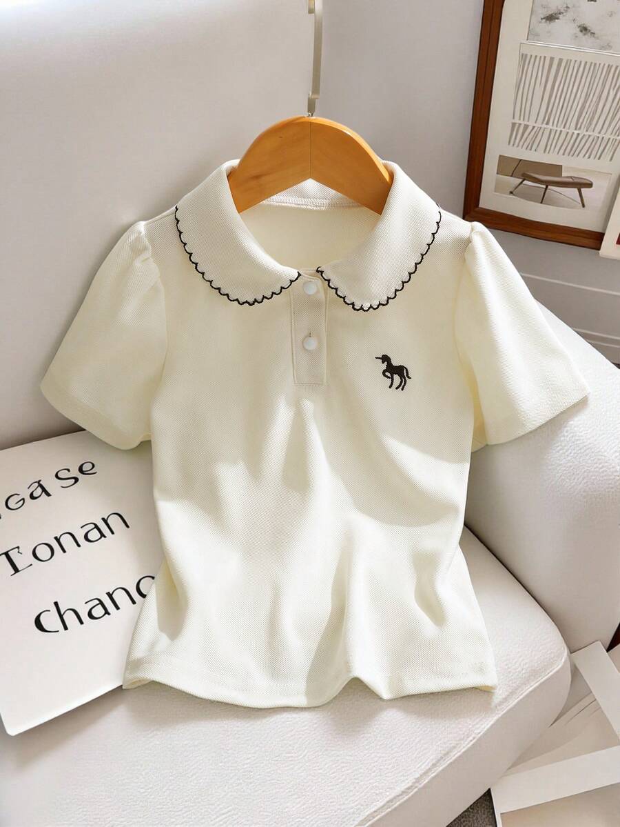 Áo thun ngắn tay cổ búp bê thêu hình động vật cho bé gái, kiểu dáng thường ngày đa năng, thích hợp mặc hàng ngày. - Màu be - Xem 1