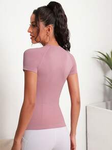 Breezaya Women's Seamless Round Neck Short Sleeve Sports T-Shirt In Solid Color Compression Shirt Fitted Shirt Workout Tank Top Gym Shirts - Dusty Pink - View 3