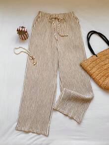 Comfortcana Quần ống rộng dáng suông, phối màu kẻ sọc, cạp chun, thích hợp cho nữ, phong cách thường ngày đi nghỉ mát. - Màu vàng - Xem 4