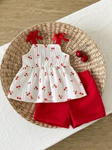 SHEIN Playful Pals 2件套女婴幼儿/新生儿0-3岁休闲日常可爱度假条纹蝴蝶结装饰吊带背心+短裤套装，春夏款 - 紅色 - 查看 1