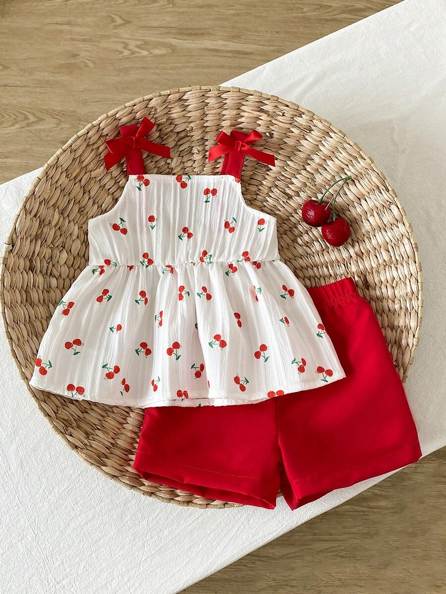 SHEIN Playful Pals 2件套女婴幼儿/新生儿0-3岁休闲日常可爱度假条纹蝴蝶结装饰吊带背心+短裤套装,春夏款 - 紅色 - 查看 1