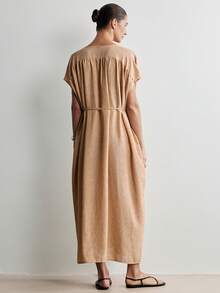 Selianne Women's Spring/Summer Silk Blend Dual-Color Linen French Style Elegant Sophisticated Office Commute Minimalist Casual Old Money Vacation Afternoon Tea Beach Party V-Neck Dropped Shoulder Tie Waist Loose Long Split Dress - Khaki - View 3