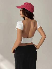 SHEIN PETITE Women's Casual Solid Color Backless Cropped T-Shirt, Summer,Summer Top - White - View 3