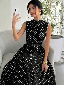 SHEIN Đầm không tay chấm bi thanh lịch cho bé gái, có thắt lưng, thích hợp cho mùa tựu trường. - màu đen - Xem 3