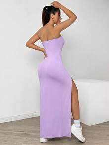 SHEIN EZwear 女款薰衣草色前開衩夏季洋裝 春季服飾 約會之夜 外出穿著 性感優雅 - 紫色 - 查看 2