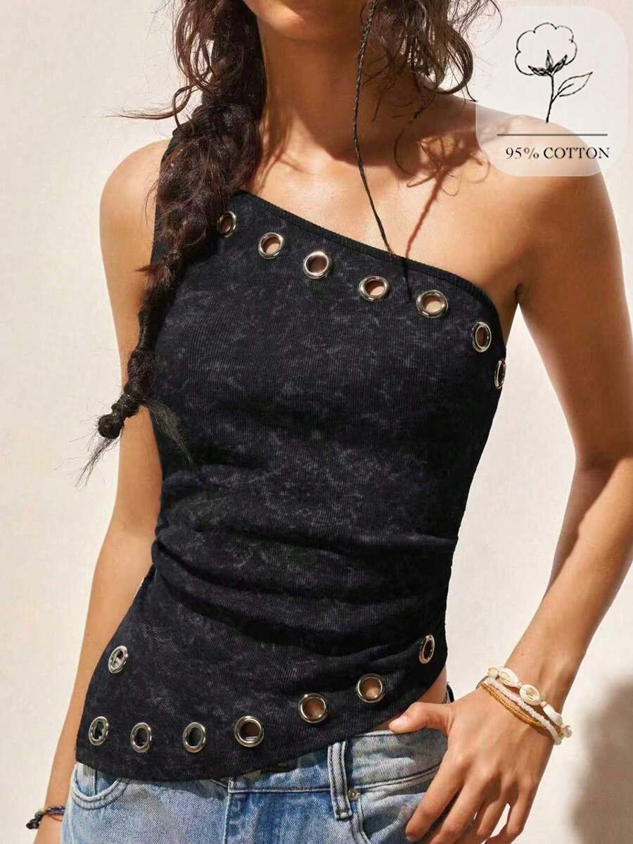 SoleilVie Áo không tay nữ dáng lệch vạt, đính họa tiết lỗ nhỏ, thích hợp mặc hàng ngày.