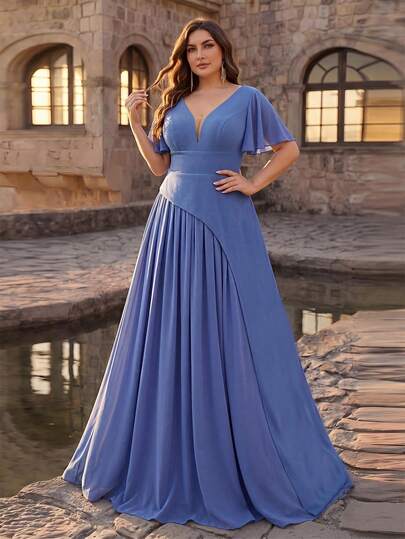 Aureia Plus Size Elegant Luxurious Deep V Ruffle Sleeve Beaded Bubble Pearl Rhinestone Elastic Knit Patchwork Chiffon Pleated A-Line Dress, Suitable For Wedding, Party, Holiday, Evening Gown (Heavy Embellished)