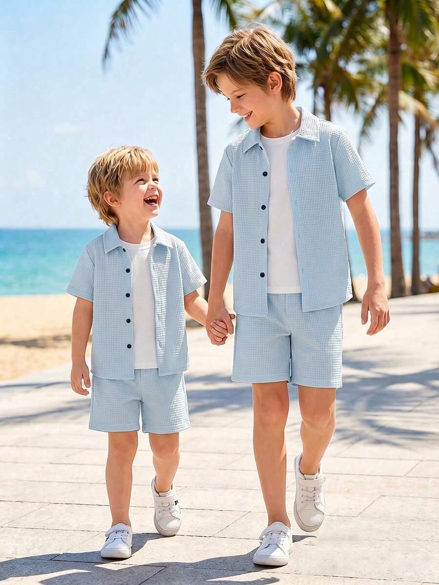 Tween Boy Summer Casual Solid Color Shirt & Shorts Set - Baby Blue - View 1