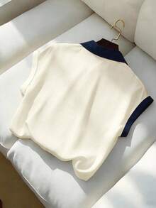 Qadelle Women's Elegant Color Block Short Sleeve Blouse, Summer - Navy Blue - View 2