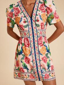 Travachic Spring/Summer Vacation Woven Printed V-Neck Mini Dress For Women - Multicolor - View 4