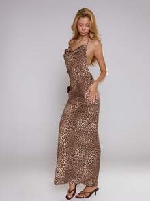 MUSERA Plunge Cowl Neck Low Back Leopard Print Satin Maxi Floor Length Dress Cute Spring Holiday Girly Sugar Salt - Coffee Brown - View 4